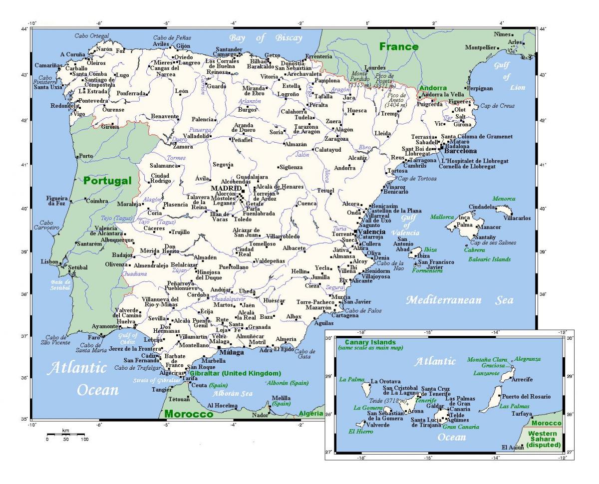 Mapa de España con las principales ciudades