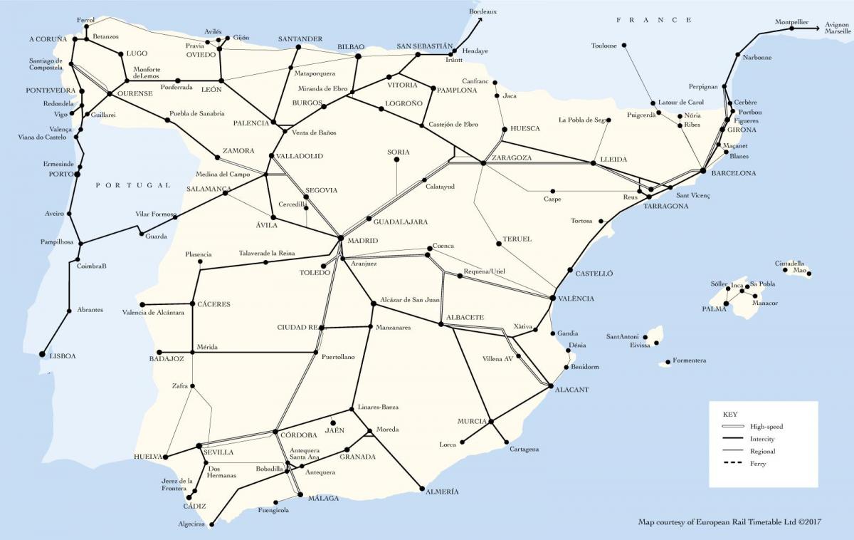Mapa de las líneas de tren de España